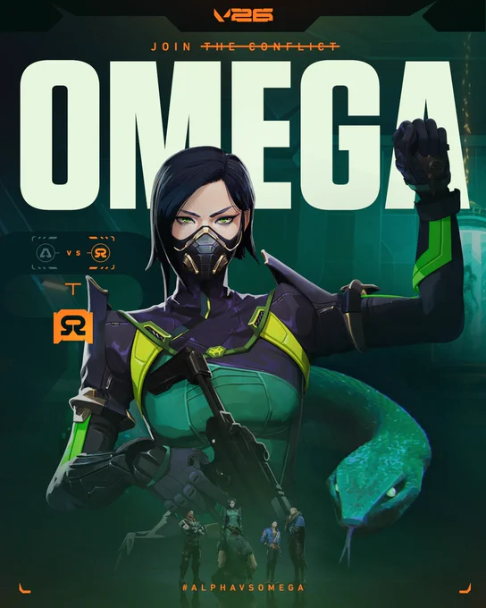 A VALORANT recruitment poster for Team Omega featuring the agent Viper. Viper stands with her first raised in the air and a green snake is shown appearing from the background. Viper is positioned in front of the massive white text "OMEGA." The layout includes tactical UI elements, the Team Omega insignia, and the campaign hashtag #ALPHAVSOMEGA against a dark, moody background.

