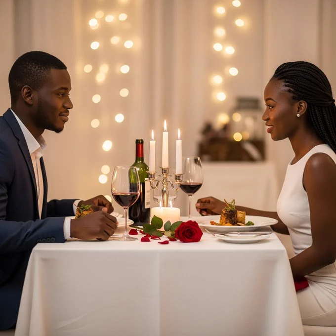 African couple sitting across from each other at a small dinner table, deep eye contact, shy smiles, candlelight mood, intimate Valentine scene.