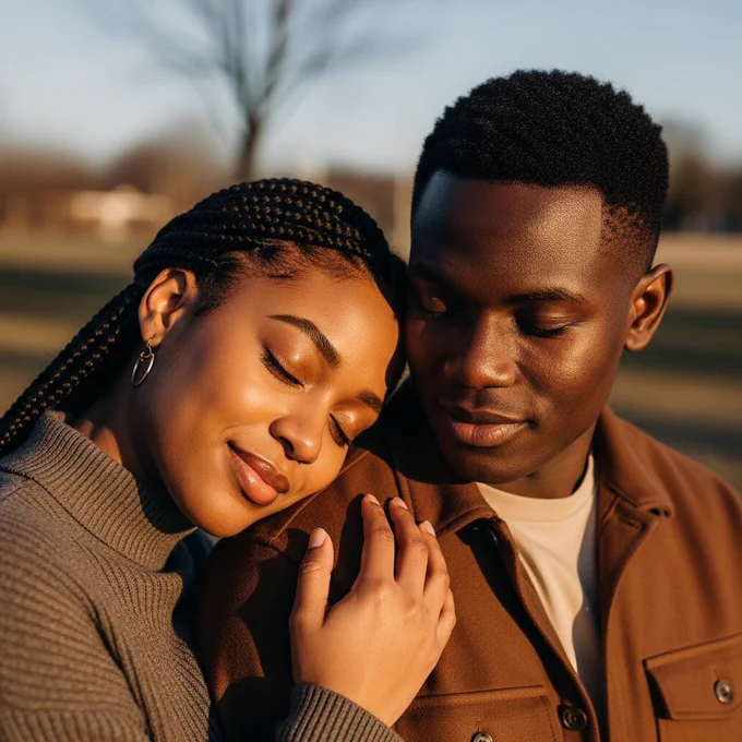 African couple sharing a hug, eyes closed, calm and emotional, soft sunset lighting, simple Valentine atmosphere.