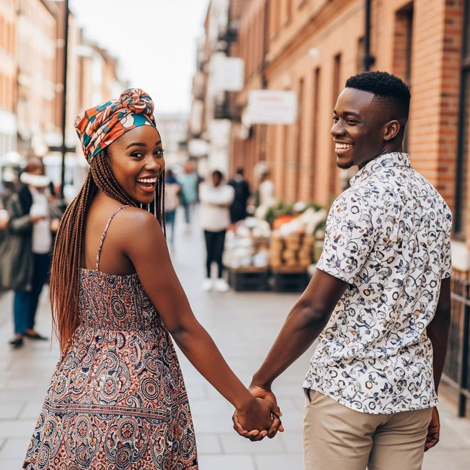 Young African couple walking hand in hand, playful energy, the woman looking back with a grin, the man smiling confidently, bright daytime street scene.