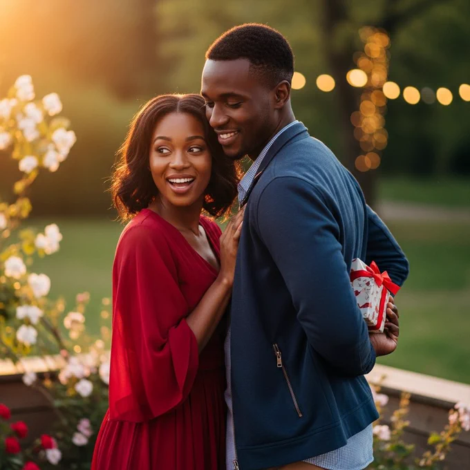 Young African couple standing close, smiling softly, the man holding a small gift behind his back, the woman looking surprised and happy, warm Valentine mood, outdoor evening setting.