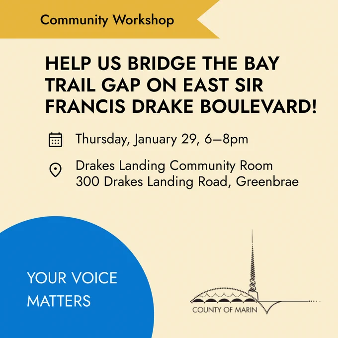 Graphic that reads "Community Workshop: Help Us Bridge the Bay Trail Gap on East Sir Francis Drake Boulevard!" Thursday Jan 29 6-8pm at Drakes Landing Community Room on 300 Drakes Landing Road in Greenbae