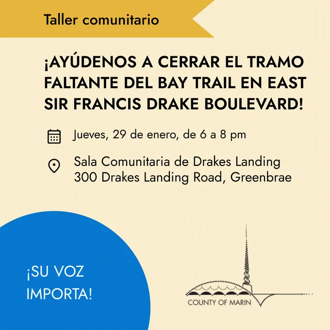 Graphic that reads "Community Workshop: Help Us Bridge the Bay Trail Gap on East Sir Francis Drake Boulevard!" Thursday Jan 29 6-8pm at Drakes Landing Community Room on 300 Drakes Landing Road in Greenbae