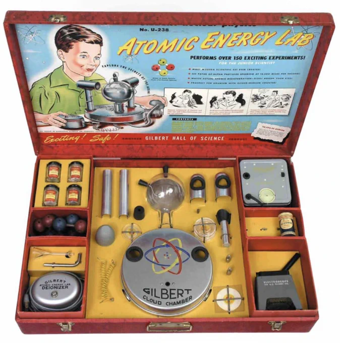 This is a vintage Gilbert U-238 Atomic Energy Laboratory kit, a toy from the 1950s that allowed children to perform nuclear and chemical reactions using actual radioactive materials!
The kit included a working Geiger counter, a cloud chamber, an electroscope, and four samples of uranium-bearing ores.
It was produced by the A.C. Gilbert Company, founded by Alfred Carlton Gilbert, the creator of the Erector Set.
The manufacturer claimed the set was safe and educational, designed to boost youth interest in atomic energy with government support.
The set retailed for \$49.50 in 1950, which is equivalent to over \$670 today!
Due to the inclusion of real radioactive material, the kit is often referred to as one of the "most dangerous toys in history".