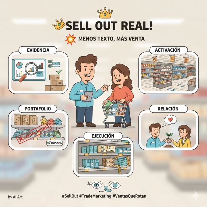 🔴 LAS 5 TÉCNICAS MÁS EFECTIVAS PARA VENDER… Y LOGRAR UN SELL OUT REAL

Muchos hablan de vender.
Pocos hablan de volver a vender.
Y ahí es donde el sell out se vuelve el rey. 👑

Estas son las 5 técnicas que hoy están moviendo la aguja en consumo masivo, retail y salud:



1️⃣ Vender sobre evidencia, no sobre discurso

Los clientes ya no compran promesas, compran pruebas.

Dashboards claros

Rotación por SKU

% de agotados vs recuperaciones
Cuando muestras datos, no necesitan creer… solo ver.



2️⃣ Activación inteligente en punto de venta

No es poner material por poner.
Es activar donde el shopper decide, no donde alguien “cree”.

Cabeceras estratégicas

Flejes con CTA

Exhibiciones basadas en tráfico
El punto de venta bien ejecutado acorta el camino a la canasta.



3️⃣ Portafolio optimizado, no inflado

Un portafolio que no rota = capital muerto.

Top 20% que genera el 80% del sell out

Detección de SKU killers

Revisión trimestral con datos, no opiniones
Menos carga, más rotación.