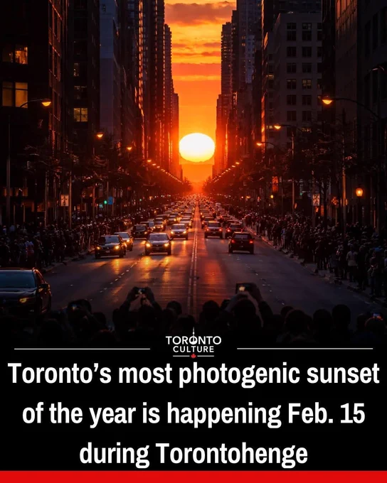 Toronto’s most photogenic sunsets return with Torontohenge on Feb 15 at 5:48 p.m., when the setting sun aligns perfectly with major east–west streets, glowing between downtown buildings. King, Queen, and Bloor offer prime views.

This rare event happens four times a year—twice at sunrise and twice at sunset. Other dates include April 19 and Aug. 23 (sunrise) and Oct. 25 (sunset). Drivers should use caution, as glare can reduce visibility.

#TorontoCulture #Torontohenge #TorontoEvents #CityLife #FestivalsCA