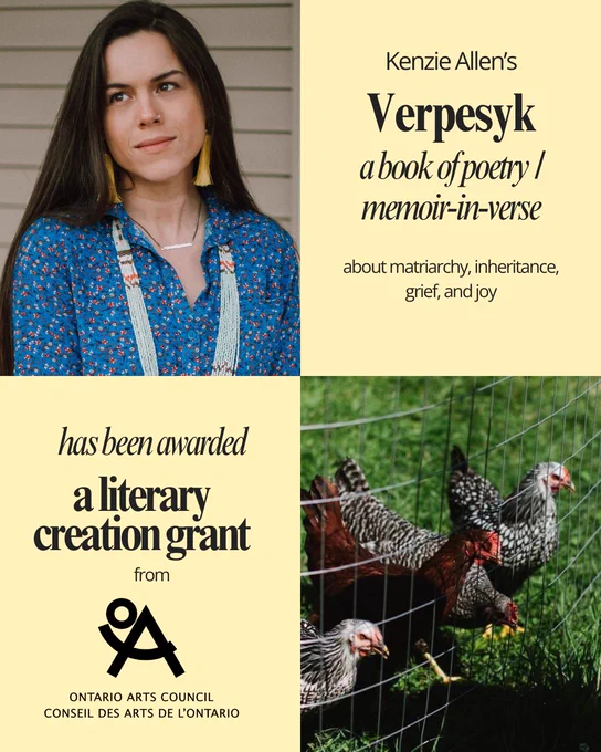 Poster for Verpesyk, a book of poetry / memoir-in-verse, having received a literary creation grant from Ontario Arts Council. Pictured is author Kenzie Allen, a brown-haired Oneida woman wearing a beaded necklace and floral shirt, along with a picture of a bunch of hens behind a chicken wire fence
