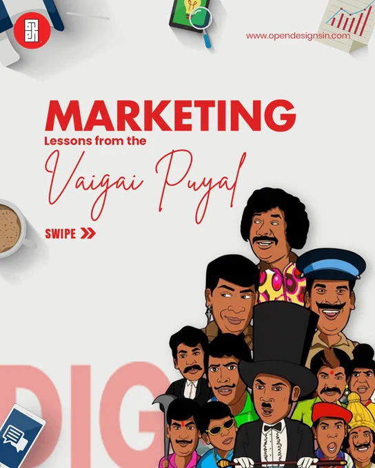 A vibrant marketing poster titled "Marketing Lessons from the Vaigai Puyal" featuring a collection of diverse cartoon illustrations of famous Tamil comedian Vadivelu in various iconic movie roles.
