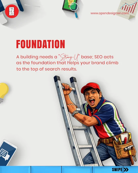 A digital illustration of Vadivelu dressed as a construction worker with a tool belt, excitedly climbing a silver ladder. Text reads "FOUNDATION" explaining that SEO is the base that helps brands climb search results.