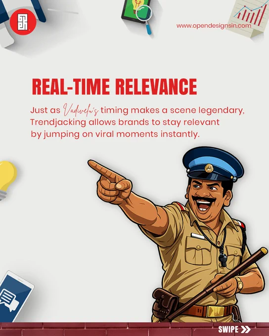 A cartoon of Vadivelu dressed as a police officer in a khaki uniform, pointing a finger and holding a baton. Text titled "REAL-TIME RELEVANCE" compares his legendary comedic timing to brand trendjacking.