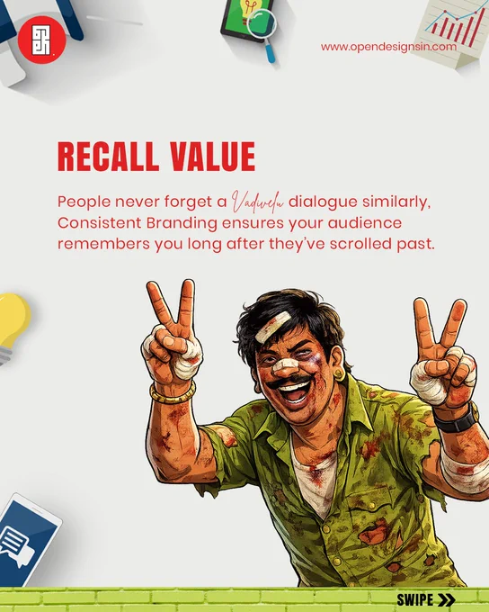 A humorous illustration of a bruised and bandaged Vadivelu smiling and showing two peace signs. Text titled "RECALL VALUE" explains how consistent branding makes an audience remember a brand like a famous dialogue.