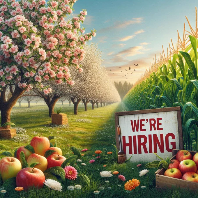 AI generated image of an apple orchard next to a cornfield with a glowing sunset in the sky. A sign for "we're hiring" is in the front next to boxes of apples. 