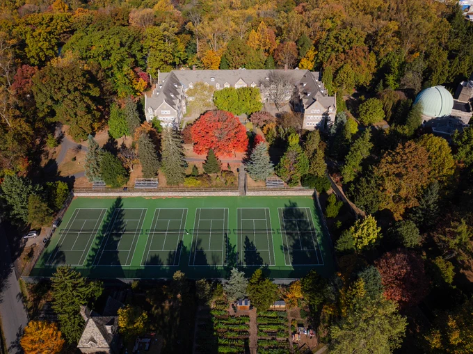Swarthmore tennis courts from a drone.
