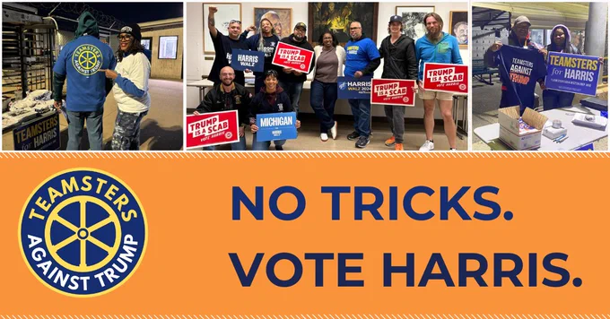 Three photos showing Teamsters Against Trump and on screen text that says "No Tricks. Vote Harris."