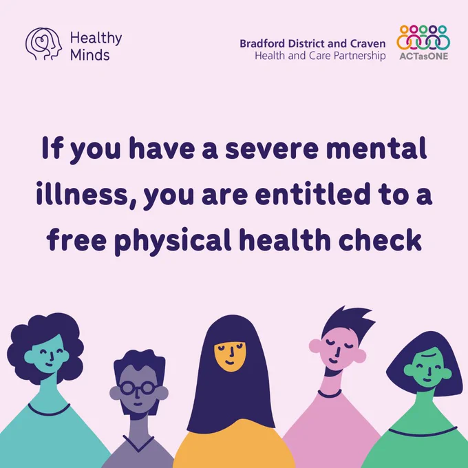 Illustration of diverse people with the text: 'If you have a severe mental illness, you are entitled to a free physical health check.' Logos for Healthy Minds and Bradford District and Craven Health and Care Partnership at the top. 