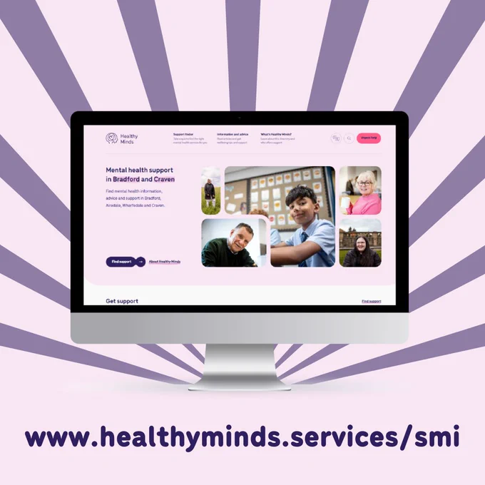 A computer monitor displaying the Healthy Minds website. Text at the bottom reads: 'www.healthyminds.services/smi.' The background features radiating beams. 
