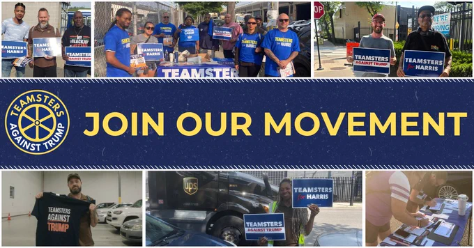 A collage of six photos featuring Teamsters Against Trump with JOIN OUR MOVEMENT written in gold on a blue background in the middle. 