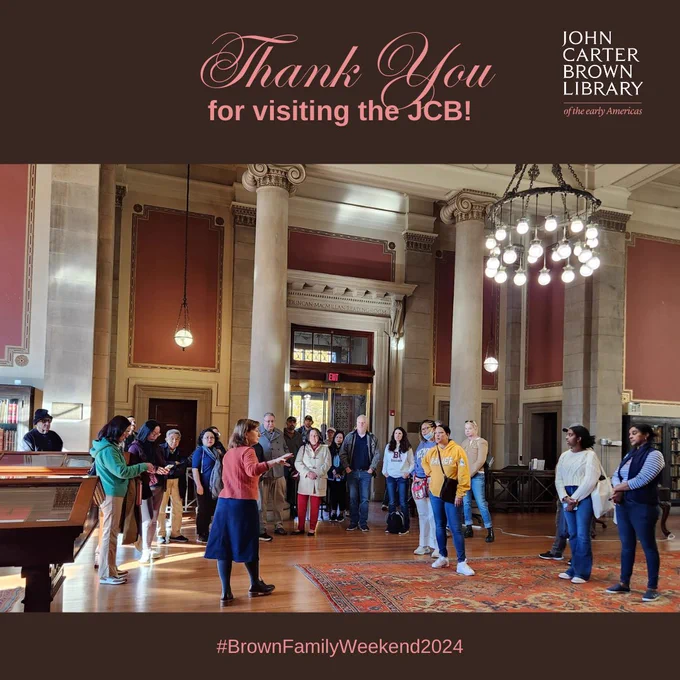 The image shows families visiting the JCB and features the JCB logo and the text "Thank you for visiting the JCB! #BrownFamilyWeekend2024."