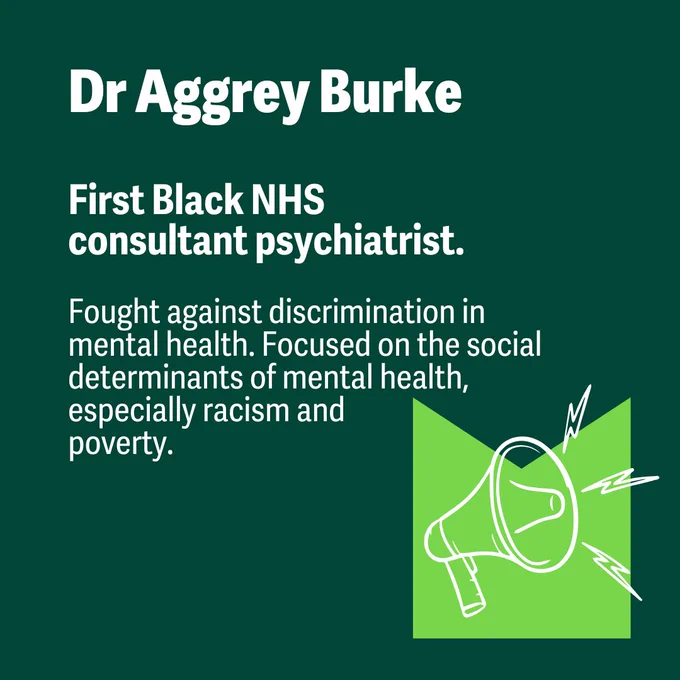 Graphic with text: "First Black NHS consultant psychiatrist. Dr Aggrey Burke: Fought against discrimination in mental health.  Focused on the social determinants of mental health, especially racism and poverty."