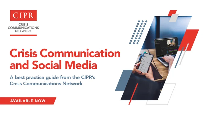 CIPR Crisis Communications Network logo. Text states "Crisis Communication and Social Media" and under that "A best practice guide from the CIPR's Crisis Communications Network". A red banner reads "Available now".