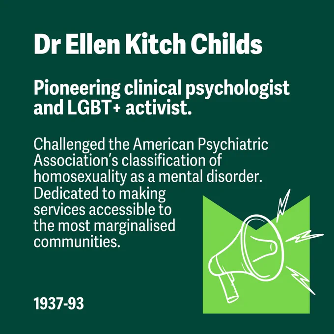 Graphic with text: Dr Ellen Kitch Childs. Pioneering clinical psychologist and LGBT  activist. Challenged the American Psychiatric Association’s classification of homosexuality as a mental disorder. Dedicated to making services accessible to the most marginalised communities. 1937-93"