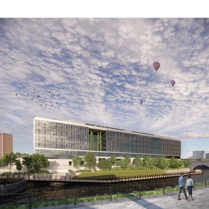 illustration of future university site with a long glass fronted building on a sunny day with hot air balloons flying overhead