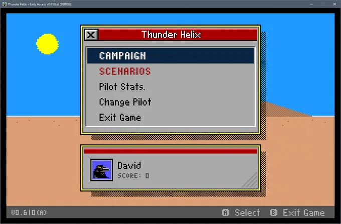 An image of the main menu of Thunder Helix. Along the bottom is new grey bar with help messages telling you what the game controller buttons do. Here it's A for select and B for exit game.