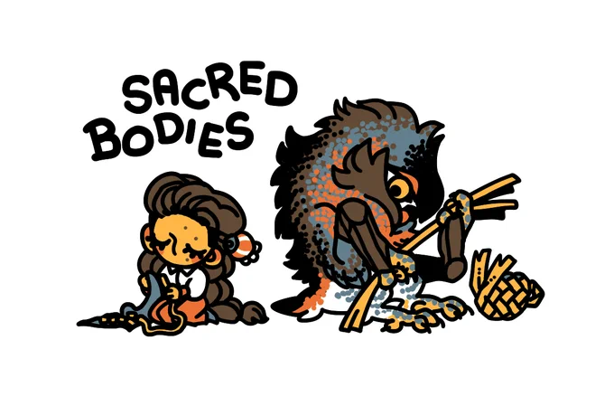 a very simple and stylised version of the two characters from Sacred Bodies. The character on the left, a human woman, is embroidering with a peaceful expression and closed eyes. The character on the right, a large bird person, is weaving reeds and glancing over curiously or nervously at the woman.