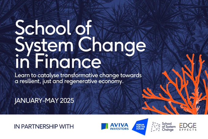 School-branded graphic promoting the School of System Change in Finance 2025 course. Tagline reads, "Learn to catalyse transformative change towards a resilient, just and regenerative economy." The course runs January - May 2025. The partners' logos are at the bottom of the graphic (Aviva Investors, Forum for the Future, School of System Change, Edge Effects).