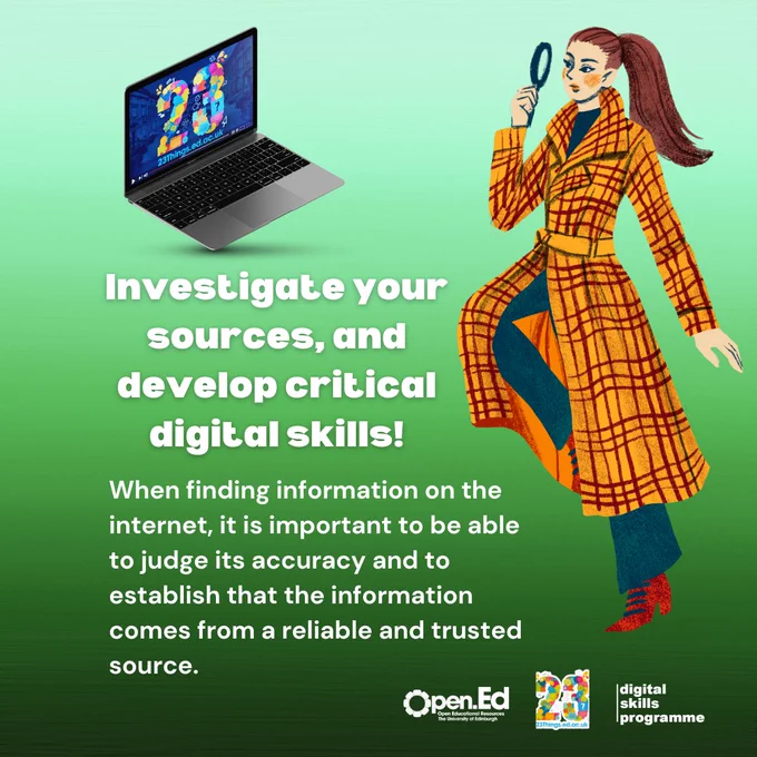 Illustration of a woman in a long detective coat holding a magnifying glass looking at the 23 Things laptop.