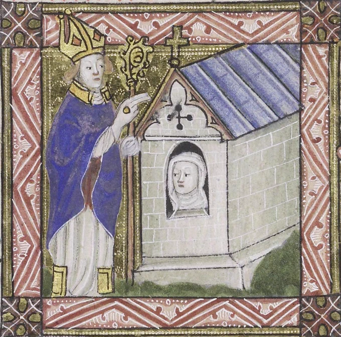 A detail of a bishop outside an anchorhold, with anchoress positioned at her window. 