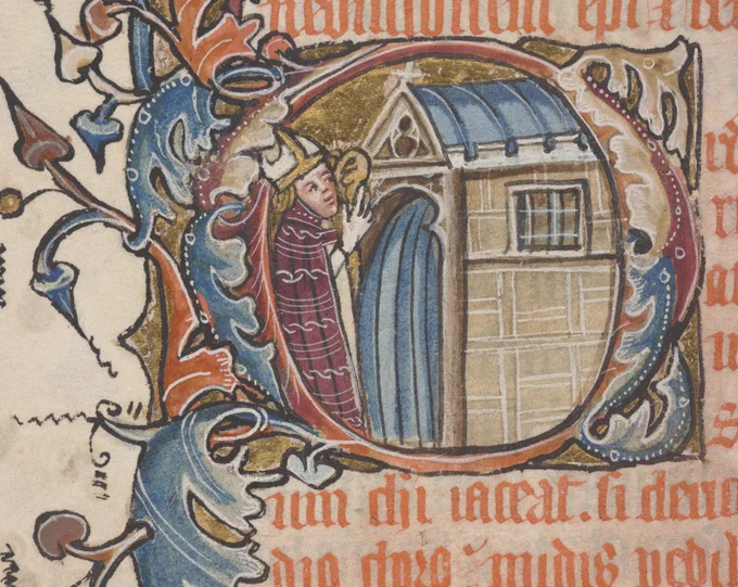 A historiated initial featuring a depiction of the enclosure of an anchoress by a bishop. 