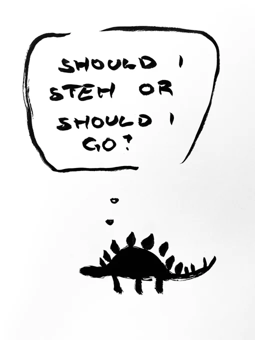 Cartoon aus wenigen Tuschestrichen. Ein Stegosaurier denkt: should I steh or should I go?