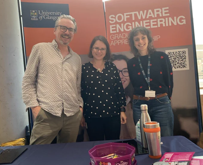 Matt, Oana, and Claire at the Open Day stand for the Graduate Apprenticeship in Software Engineering degree