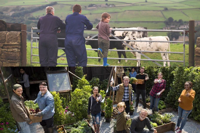 Collage of two photos. Top: three generations of farmers overlooking their farm, with cows in the background. Bottom: a group of people working in a garden, smiling at the camera.