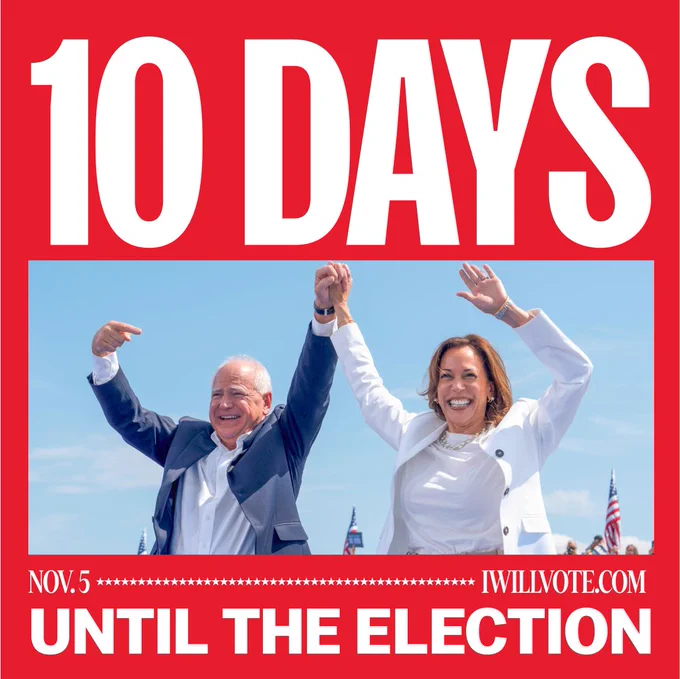 Tim Walz and Kamala Harris raising hands together in celebration under a clear blue sky, with text '10 DAYS UNTIL THE ELECTION Nov. 5 and IWillVote.com' against a red background.
