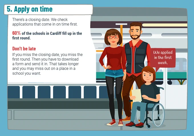 Text on the left and two adults and a child in a wheelchair on the right.