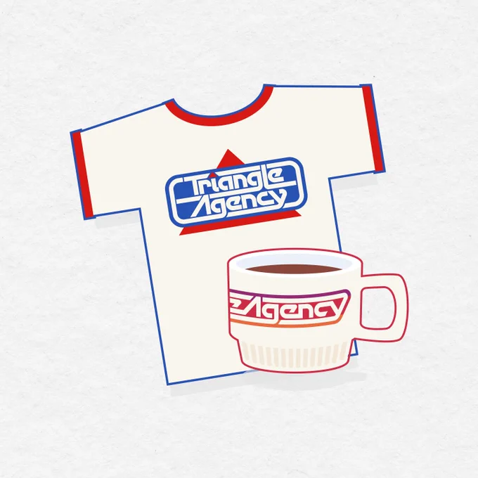A mockup of a Triangle Agency ringer tee and mug with a "retro" logo inspired by '80s design. 