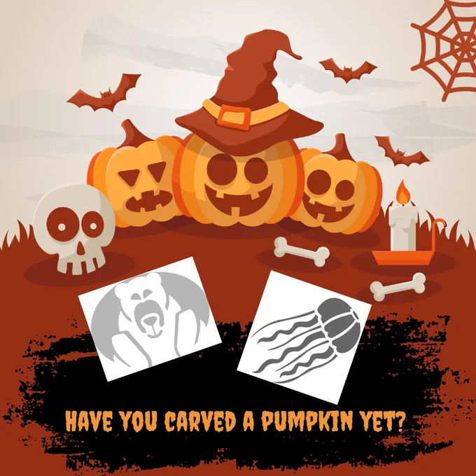 Illustration showing an orange and tan background with carved pumpkins, bats, a skull, bones, and a burning candle. There is a spiderweb in the upper right corner. Stencil images of a bear and a jellyfish are seen on the image. Orange text reads “Have you carved a pumpkin yet?” 