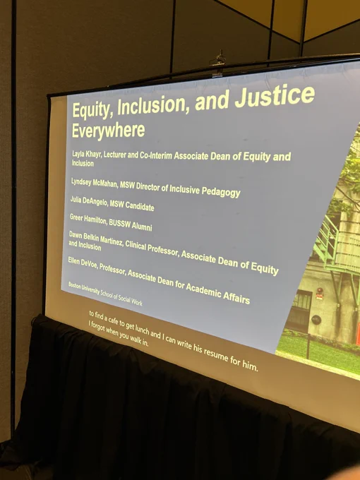 Photo of a presentation slide titled "Equity, Inclusion, and Justice Everywhere"