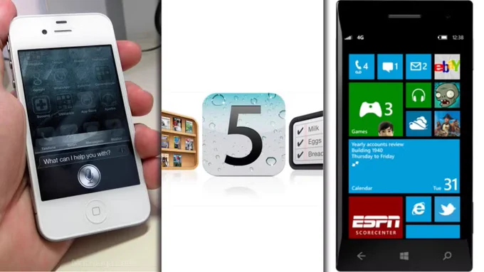 Esta imagem mostra dois smartphones: à esquerda, um iPhone 4S branco exibindo o assistente de voz Siri na tela; à direita, um Nokia Lumia rodando o Windows Phone com sua interface de blocos dinâmicos (Tiles), incluindo apps como Xbox, eBay, e-mail e “Plants vs Zombies.” No centro, há um ícone grande representando o iOS 5.