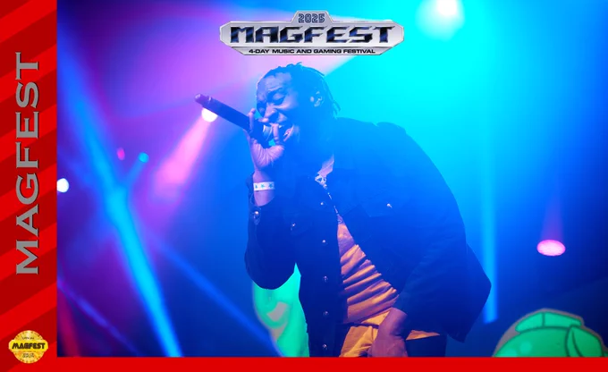 A photo of nerdcore musician O Super is displayed. He is engrossed in a performance, mic raised to his mouth mid-note. A blue hue washes over and obscures the background.