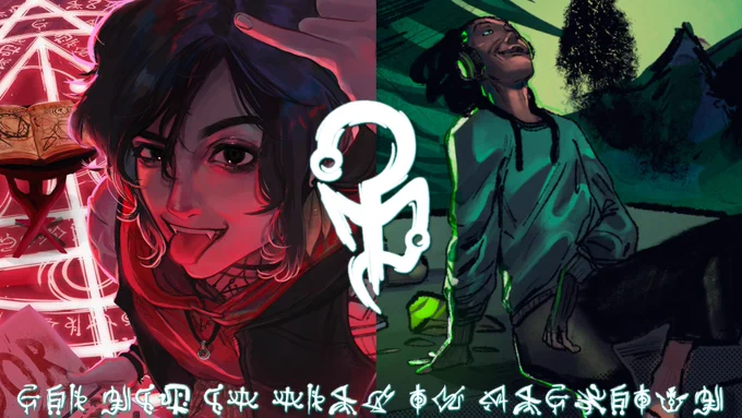 Two-part art: left side shows an art of Agatha Volkomenn, from @mistalaarts; right side shows an art of Samuel Norte, from @_akigabriel. The center of the image shows the Fear symbol, and below it, there's a sentence in Knowledge Sigils that translates to "The God of Fear is Watching".