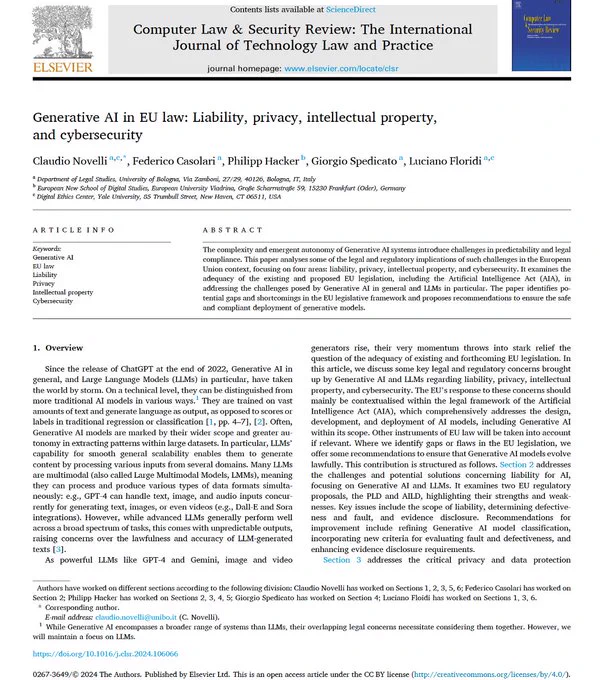 Generative AI in EU law: Liability, privacy, intellectual property, and cybersecurity  
https://www.sciencedirect.com/science/article/pii/S0267364924001328
📸Source: @novelli_claudio @philipphacker15 @fecasolari @GSpedicato & @Floridi via "Computer Law & Security Review" @ElsevierConnect / sciencedirect.com 