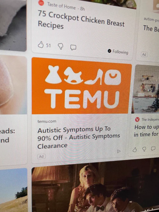 An ad for Temu online store from MS edge browser featuring logo and statement “Autistic symptoms up to 90% off-Autistic symptoms clearance”