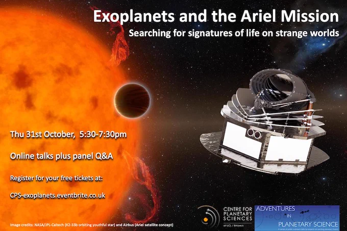 Artist impression of an exoplanet transiting a bright orange, dynamic star on the left and the proposed Ariel space satellite shown in space on the right.