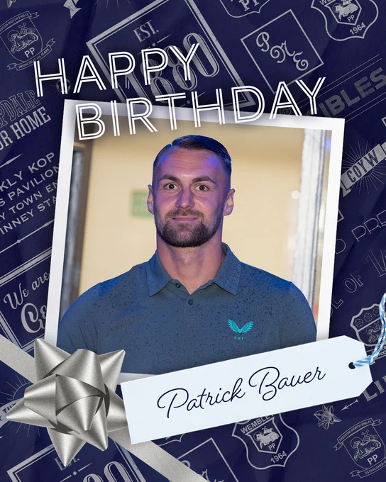 A happy birthday graphic featuring a photo of Patrick Bauer smiling and PNE-themed wrapping paper.
