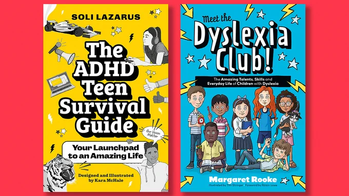 The front covers of The ADHD Teen Survival Guide and Meet the Dyslexia Club