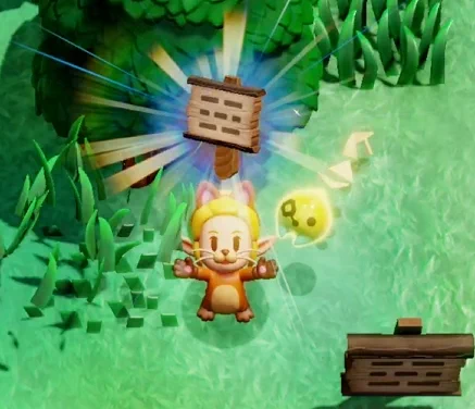 The image shows a blonde character dressed in a cat costume, standing on a grassy area with trees in the background. The character is holding a wooden sign above their head, with radiant light beams shining from the sign as if it is an important item. To the side, there is a yellow floating creature, and another signpost on the ground nearby.