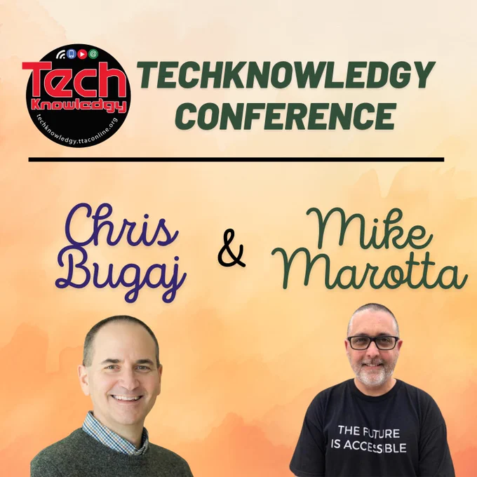 Top: TechKnowledgy Conference symbol along with “TechKnowledge Conference”
Middle: The words, “Chris Bugaj & Mike Marotta” along with Chris and Mike’s profile pictures